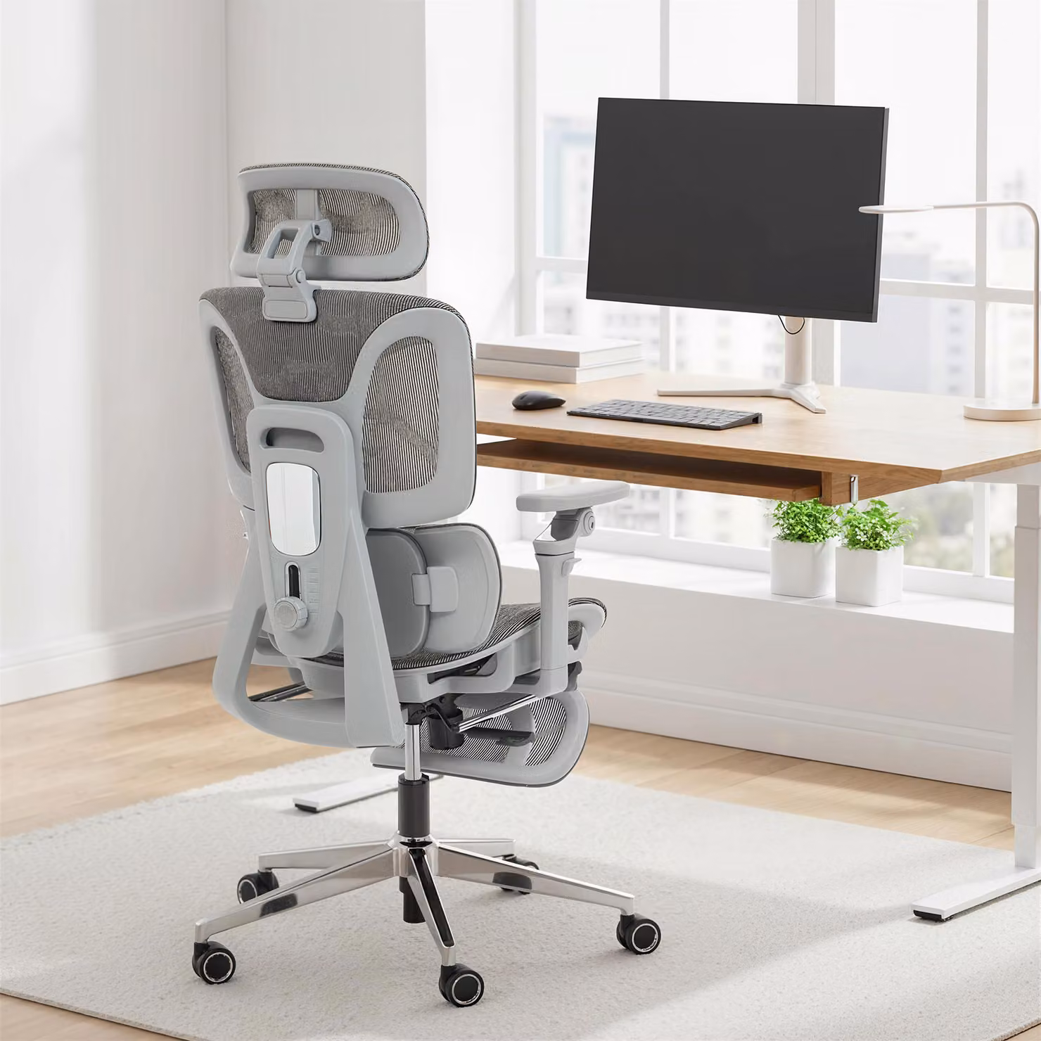 HOMCOM Ergonomic Grey Fabric Office Chair with Headrest and Armrests – 2