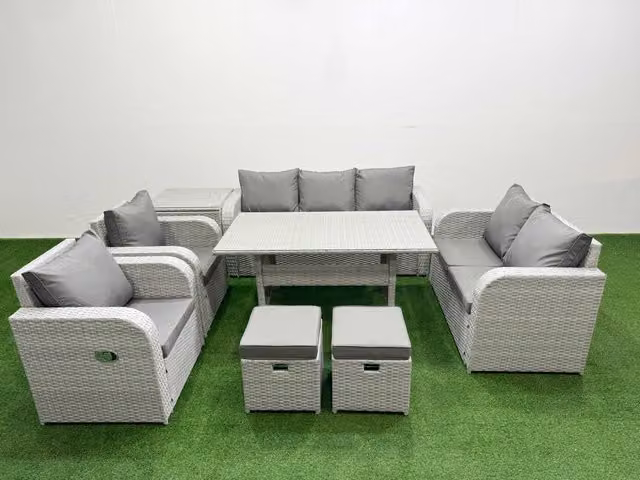 Fimous Grey PE Rattan Garden Furniture Set with Reclining Chairs, Double Love Seat, Rectangular Dining Table and 2 Stools