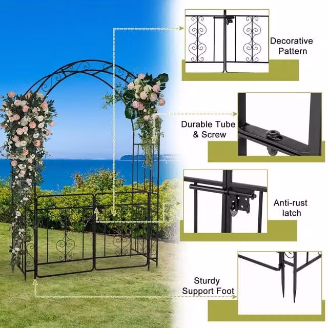 SPETLEK Black Metal Garden Arch with Gate Ornament, H: 213 cm, W: 120 cm, D: 58.5 cm