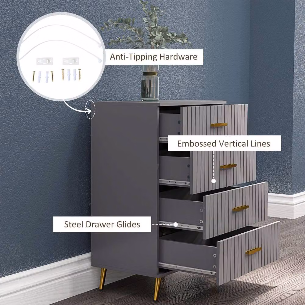 Wyld Haus Zine 4 Drawer Embossed Dresser in Dark Grey with Gold Tone Handles W/D/H: 120 x 40 x 90 cm – 4