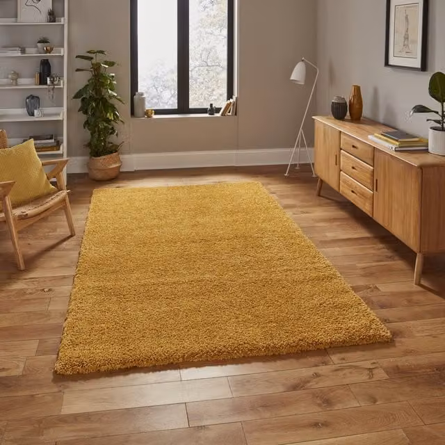 Terrys Modern Plain Rectangular Shaggy Rug in Yellow and Gold, Stain Resistant and Hard Wearing Polypropylene