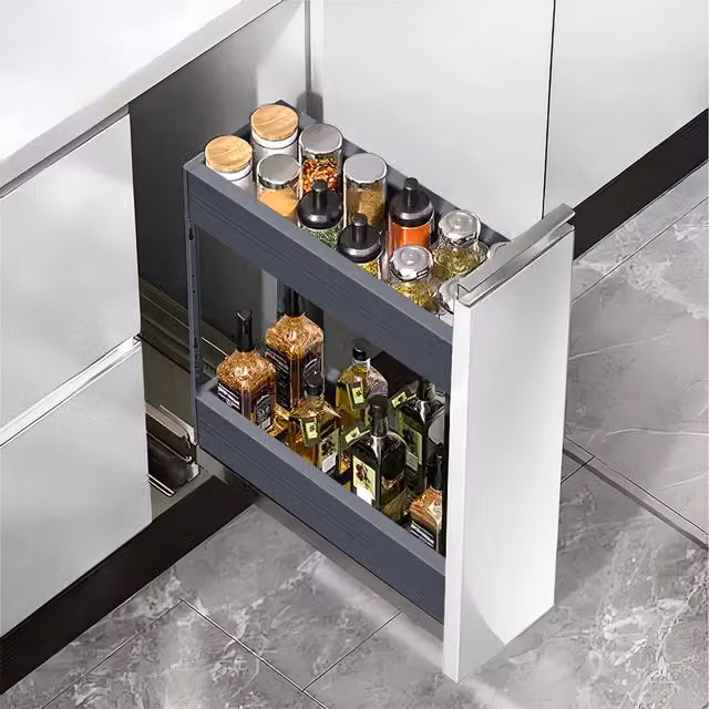 Komore 2-Tier Aluminium Pull Out Kitchen Cabinet Shelf, Grey, Width: 20 cm