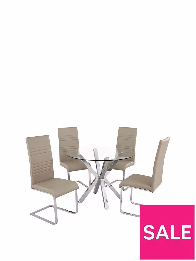 Chopstick Round Glass Dining Table and 4 Chairs in Clear and Grey