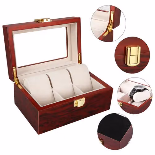 Xample Red Leather Watch Display Case and Jewelry Collection Storage Organizer Box with Wood and Glass Lid – 5