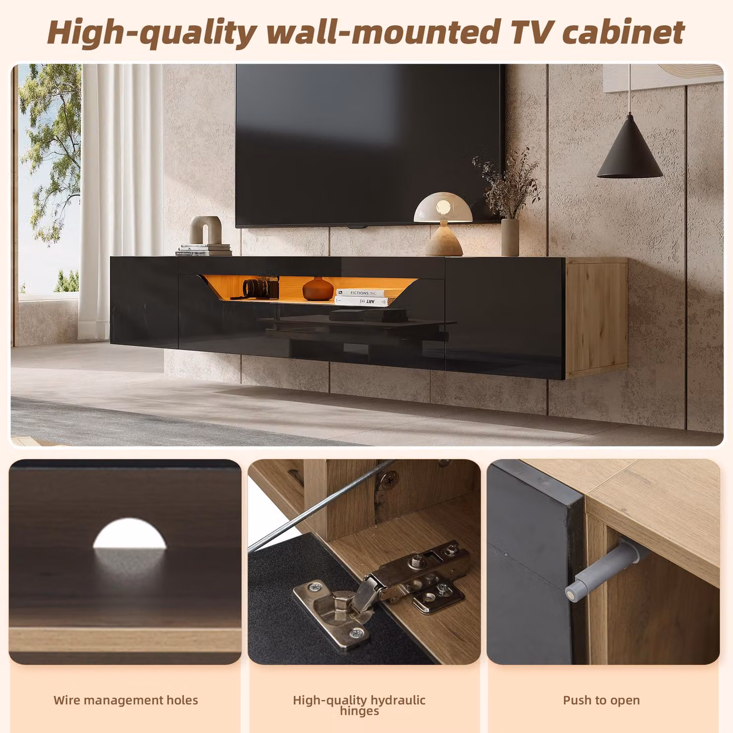 Aosom UK Black Floating TV Stand with App-Controlled LED Strip and Pull-Down Door, W: 180 cm, D: 37 cm, H: 36 cm – 5