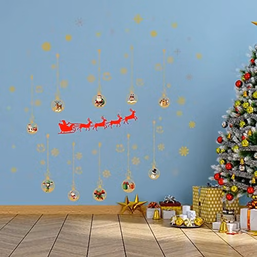 WALPLUS Santa's Sleigh Christmas Wall Stickers in Matt Gold and Red