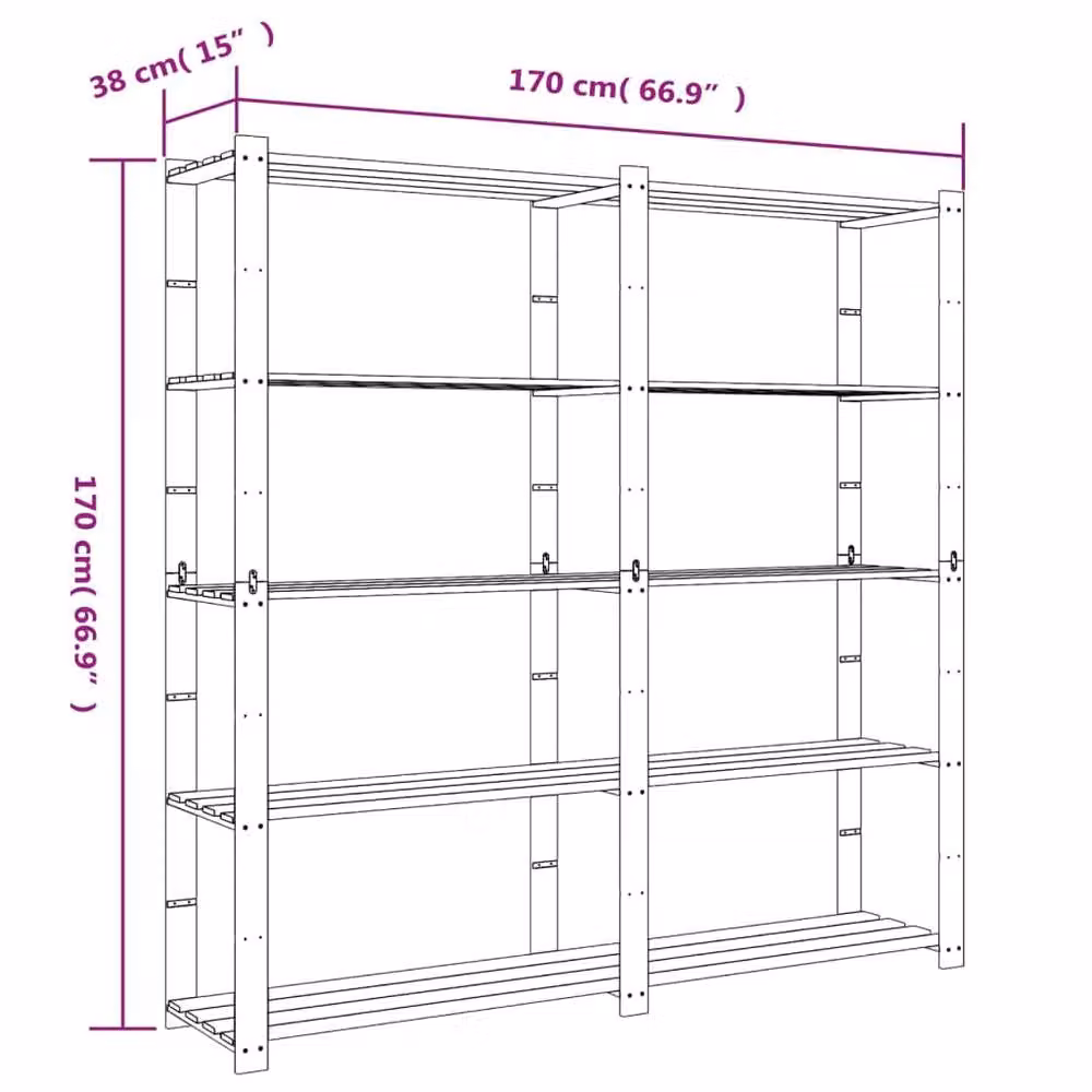 Berkfield Home 5-Tier Solid Wood Pine Storage Rack in Black, H 170 x W 170 x D 38 cm – 6