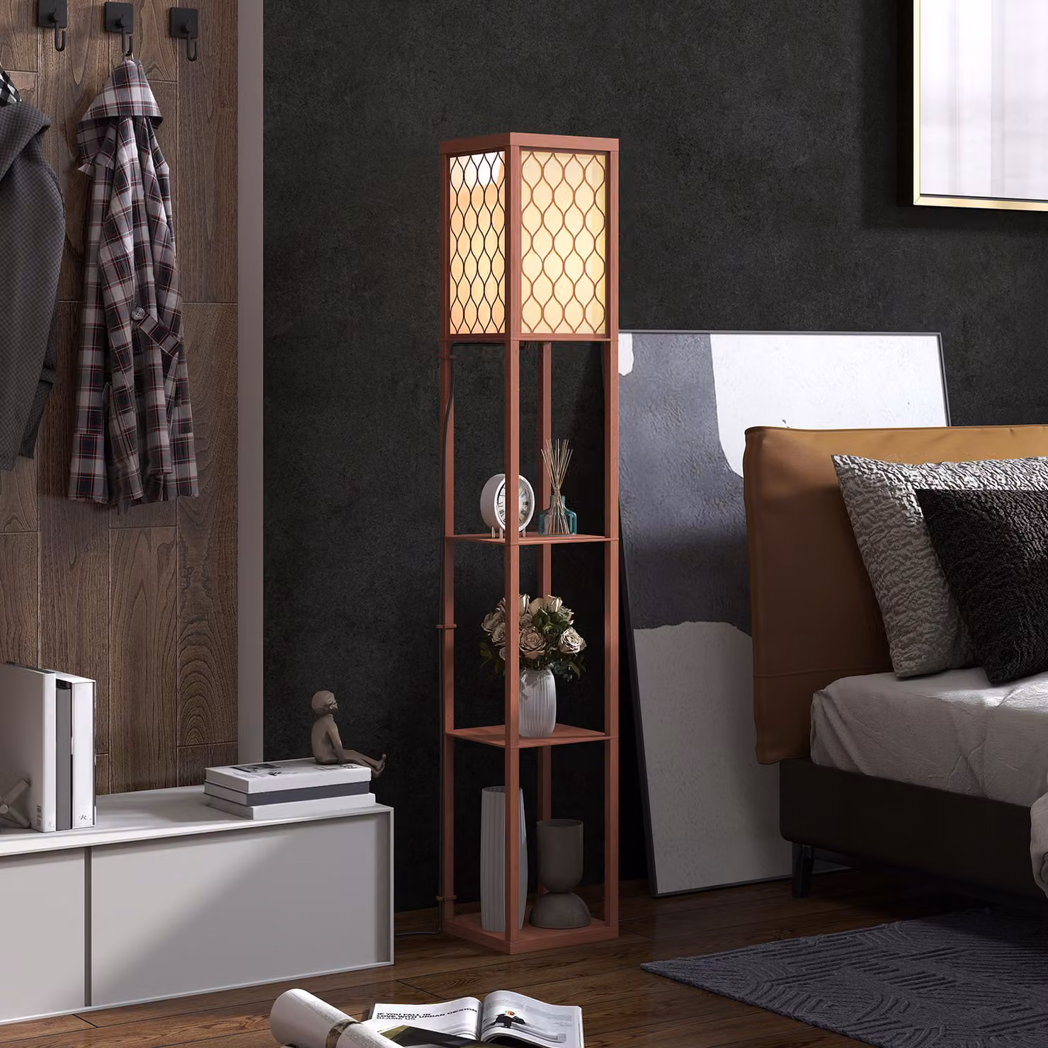 HOMCOM Three-Shelf Modern Floor Lamp in Brown and White with Fabric Shade and Pull Chain, H 160 x W 26 x D 26 cm – 2