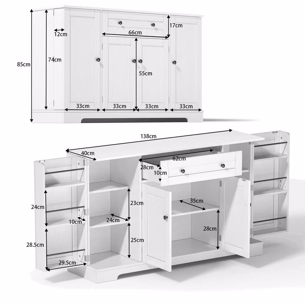 BTM Multifunctional Modern Kitchen Sideboard with Soft Close Drawers and Shelves in Matt White, H 138 cm x W 85 cm x D 40 cm – 2