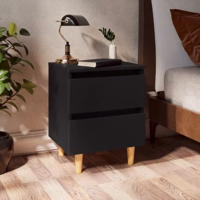 Berkfield Home Set of 2 Black Bedside Cabinets with Solid Pinewood Legs, W: 40 cm, D: 35 cm, H: 50 cm – 1