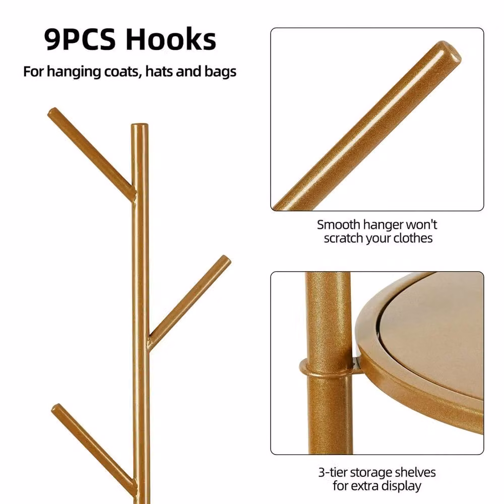 FORGEVIO Gold Coat Rack Stand with Marble Base and Dual Hook Hanging Rail for Hallways – 2
