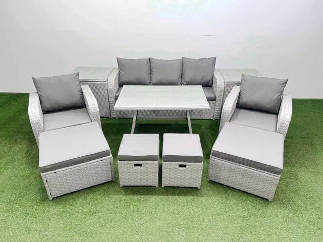 Fimous 9-Seater Patio Rectangular Table and Sofa Set with 2 Side Tables in Light Grey