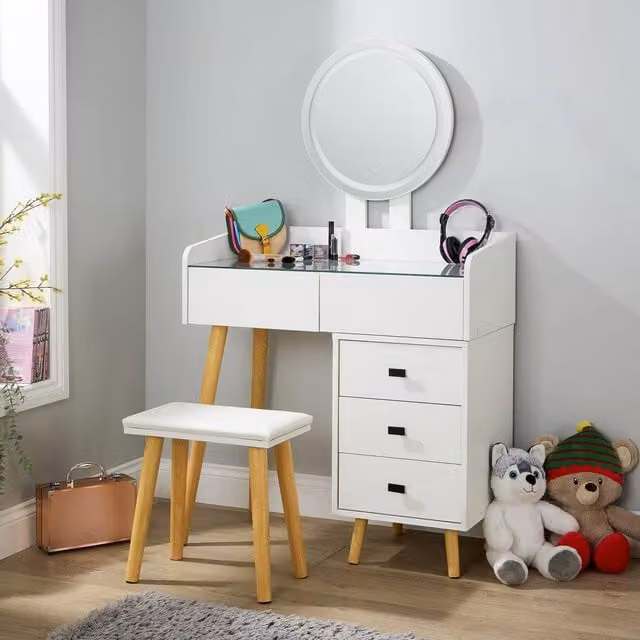 Home Source Dressing Table Vanity Desk with Hollywood LED Integrated Mirror and Cushioned Stool in White, W/D/H: 106 x 40 x 138 cm