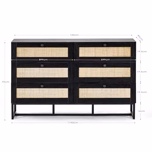 Julian Bowen Padstow Black and Rattan 6 Drawer Chest W/D/H: 120 x 40 x 80 cm – 2