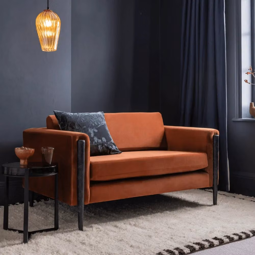 Atkin and Thyme Lexington Loveseat in Rust Orange Velvet with Black Legs