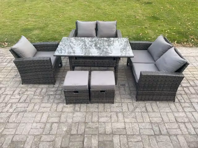 Fimous Wicker Rattan Garden Dining Set with Double Seat Sofa, Dining Table and Two Small Footstools in Dark Grey Mixed