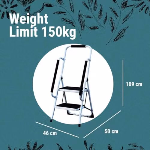 Gr8 Home 2 Step Folding Steel Ladder with Safety Grab Rail in White – 2