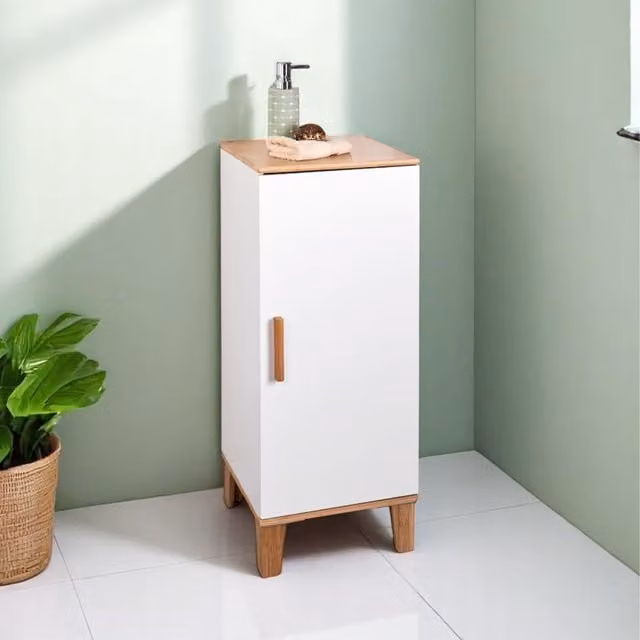 Showerdrape Amalfi Matt White and Bamboo Freestanding Single Floor Bathroom Cabinet with Internal Shelves and Hinged Doors