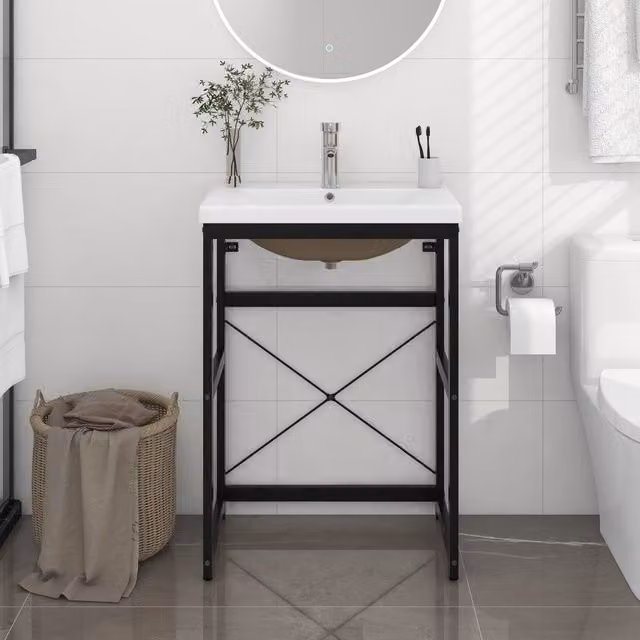 Berkfield Home Modern Bathroom Washbasin Frame with Built-in Ceramic Basin in Matt Black Metal