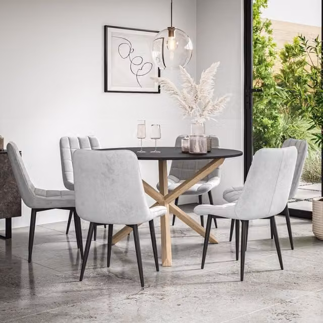 More4Homes Malvern Round Dining Table and 6 Nova Grey Velvet Chairs Set, Black Table Top with Solid Oak Legs, Diameter: 120 cm, Height: 75 cm