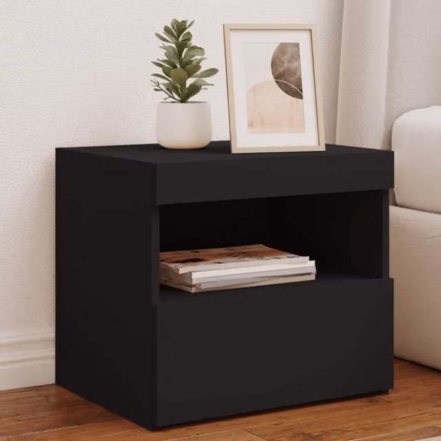 Berkfield Home Modern Black Bedside Cabinet with Integrated LED Lights W/D/H: 50 x 40 x 45 cm