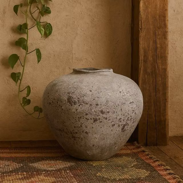 Wyld Haus Sunvale Large Weathered Ceramic Vase in Beige and Grey, H 35 cm x W 35 cm x D 35 cm