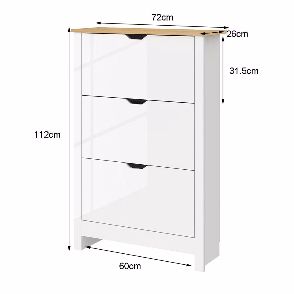 ERGOVEXA High Gloss Slim Shoe Cabinet with 3 Tilting Drawers in White – 2