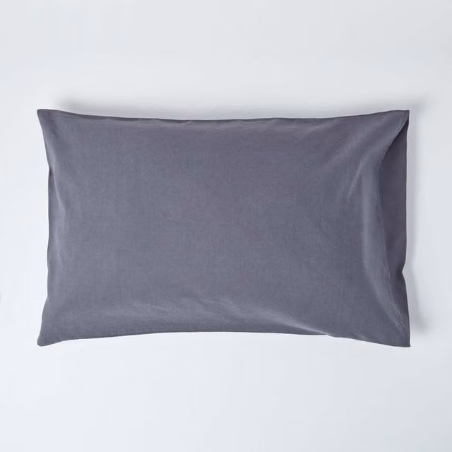 Homescapes Linen and Combed Cotton Pillowcase in Dark Grey, W: 74 cm, H: 48 cm