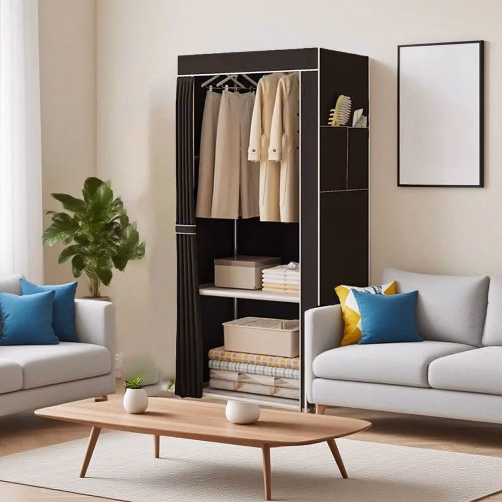 KORVIXA Modern Black Fabric Canvas Wardrobe with Hinged Doors and Internal Shelves, W/D/H: 100 x 100 x 100 cm – 3