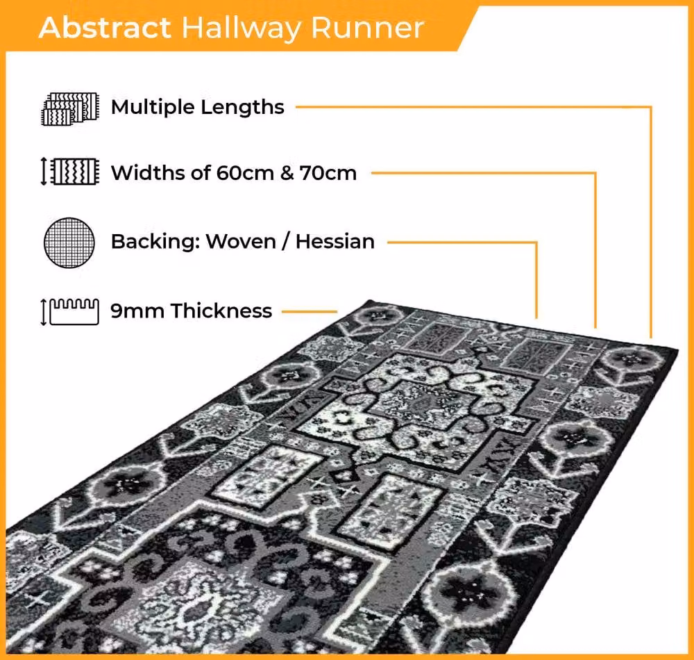runrug Abstract Hallway Carpet Runner Rug in Black, W/L: 60 x 330 cm – 2