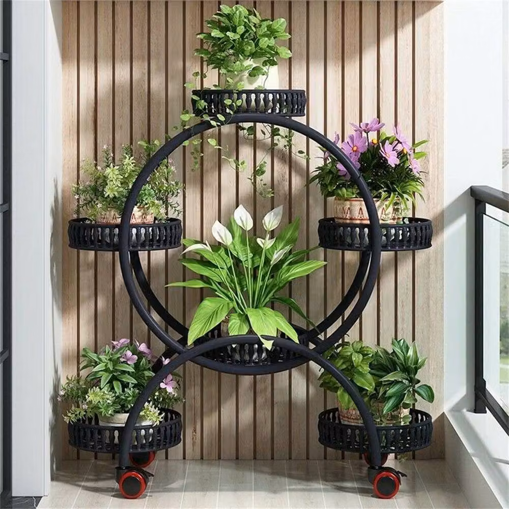 EONLION Tall Metal 6 Pot Flower Shelf Stand Planter in Matt Black – 3