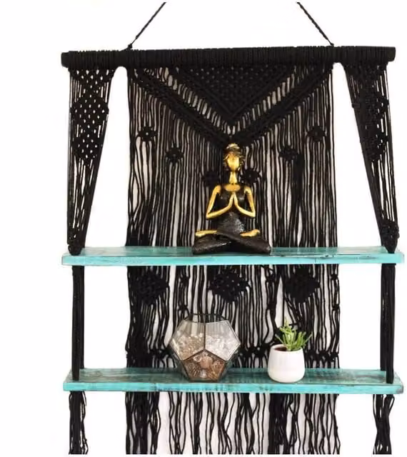 KDMD Black and Turquoise Macrame Hanging Shelves with Wood and Cotton Rustic Wall Mounted Design