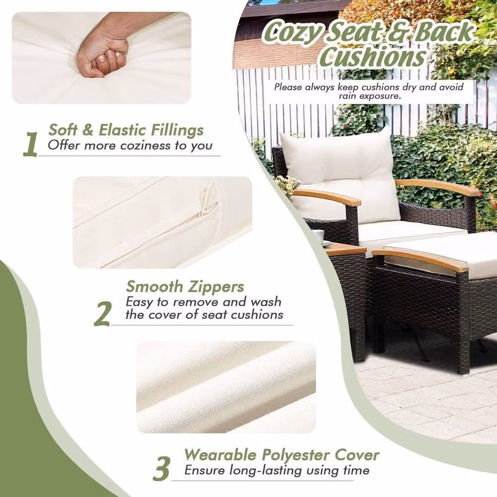 Costway 5-Piece Brown Rattan Patio Furniture Set with Upholstered Lounge Armchairs, Ottomans and Outdoor Coffee Table – 5