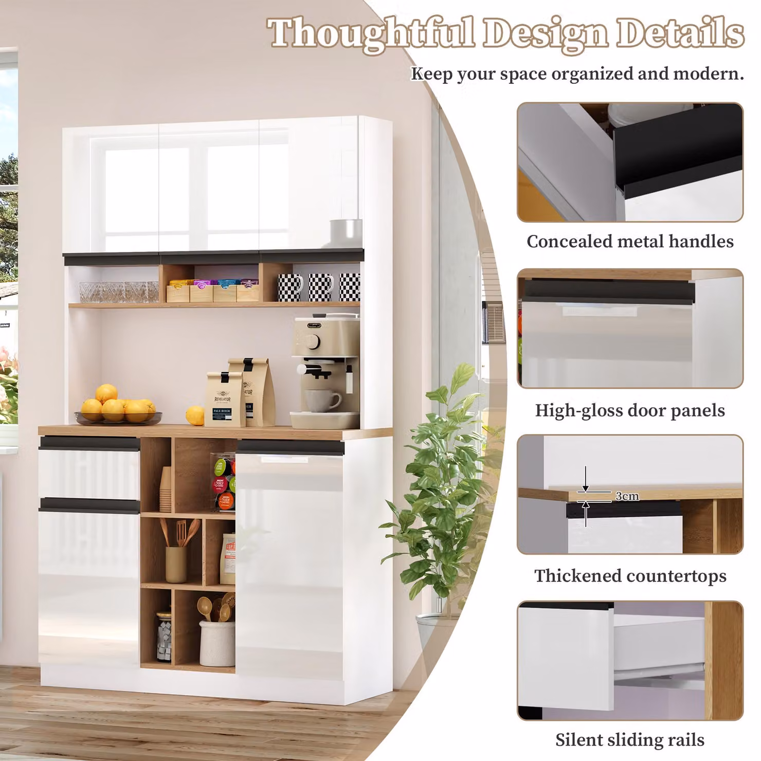 Aosom UK White Modern Glossy Kitchen Cabinet with Open Storage and Hinged Doors, W: 45 cm, D: 45 cm, H: 185 cm – 5