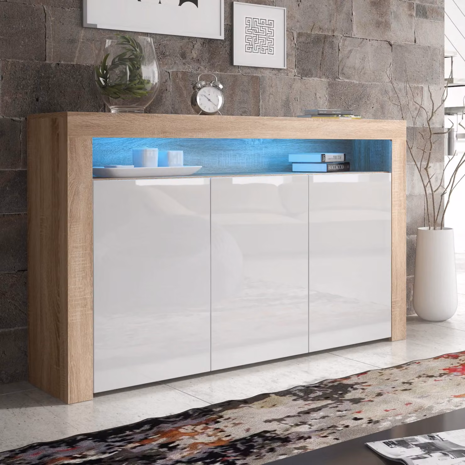 Creative Furniture Aether Sideboard in Oak with White Gloss Doors and Integrated Lighting, Width: 155 cm – 2