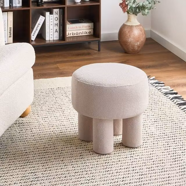 Wyld and Coco Off-White Boucle Cylindrical Footstool Pouffe – 1