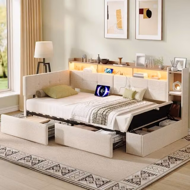Merax Single Corner Daybed with Ottoman, LED Lighting and USB Charging Station, Beige, W/D/H: 90 x 190 x 220 cm