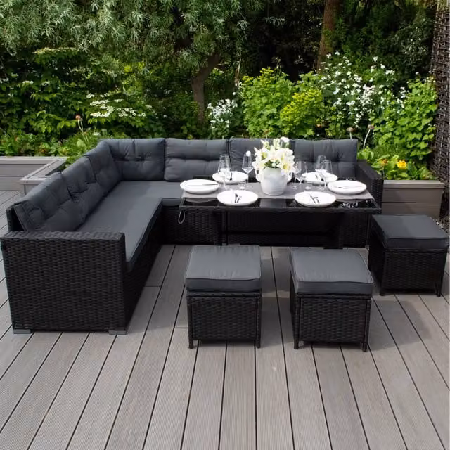 Jardi Modern Black Rattan Corner Set with Glass Table
