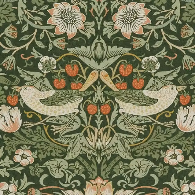 William Morris At Home Strawberry Thief Fabric in Green Nettle