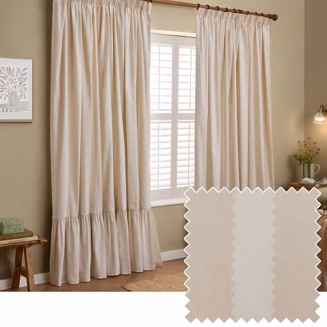 Wylder Birdie Stripe Fully Lined Ruffle Pencil Pleat Curtain Pair in Beige, Width: 168 cm, Drop: 137 cm