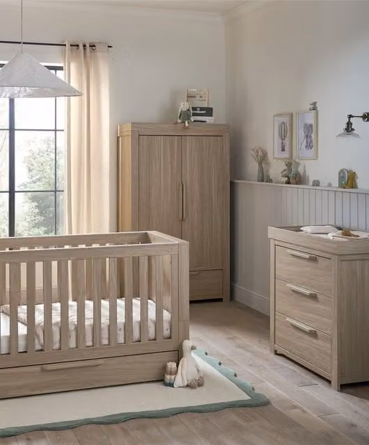 Mamas & Papas Franklin 3 Piece Cotbed Range with Dresser Changer and Double Wardrobe in Oak Brown and Beige