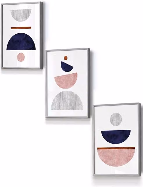 ARTZE Mid Century Abstract Geometric Framed Wall Art in Blue, Pink and Grey, W: 33 cm, H: 45 cm, D: 0.2 cm