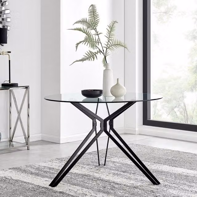 FurnitureboxUK Cascina Round Glass and Black Metal Kitchen Dining Table with Angled Hairpin Legs, Diameter: 110 cm