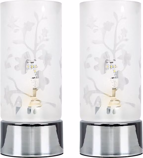 ValueLights Set of 2 Floral Glass Touch Table Lamps in Silver and Chrome