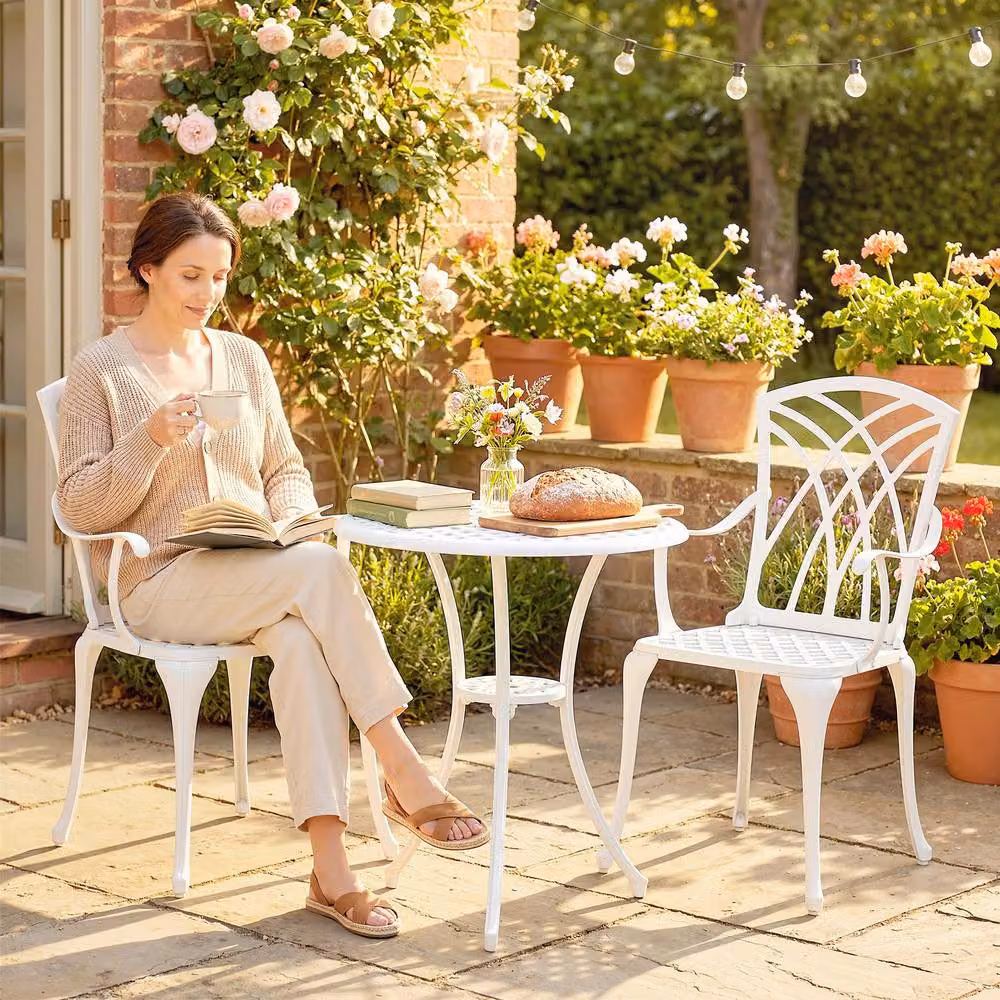 OUTSUNNY 3 Piece Garden Bistro Set with Umbrella Hole in White – 4