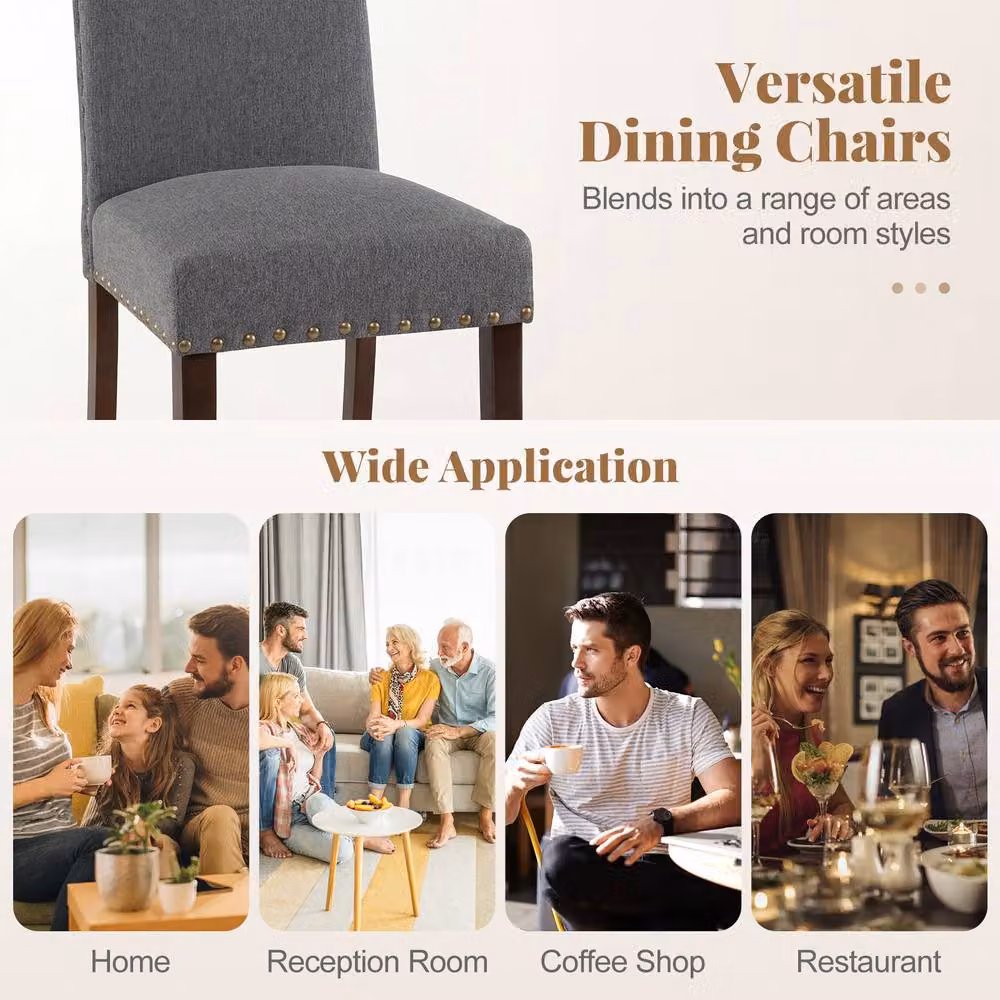 Costway Set of 2 Grey Upholstered High Back Dining Chairs with Rubberwood Legs – 6