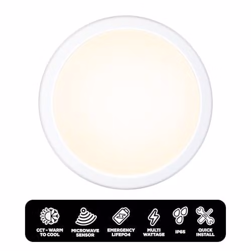 TCP IP65 Microwave Sensor LED Bulkhead Light in White with Switchable CCT and Wattage