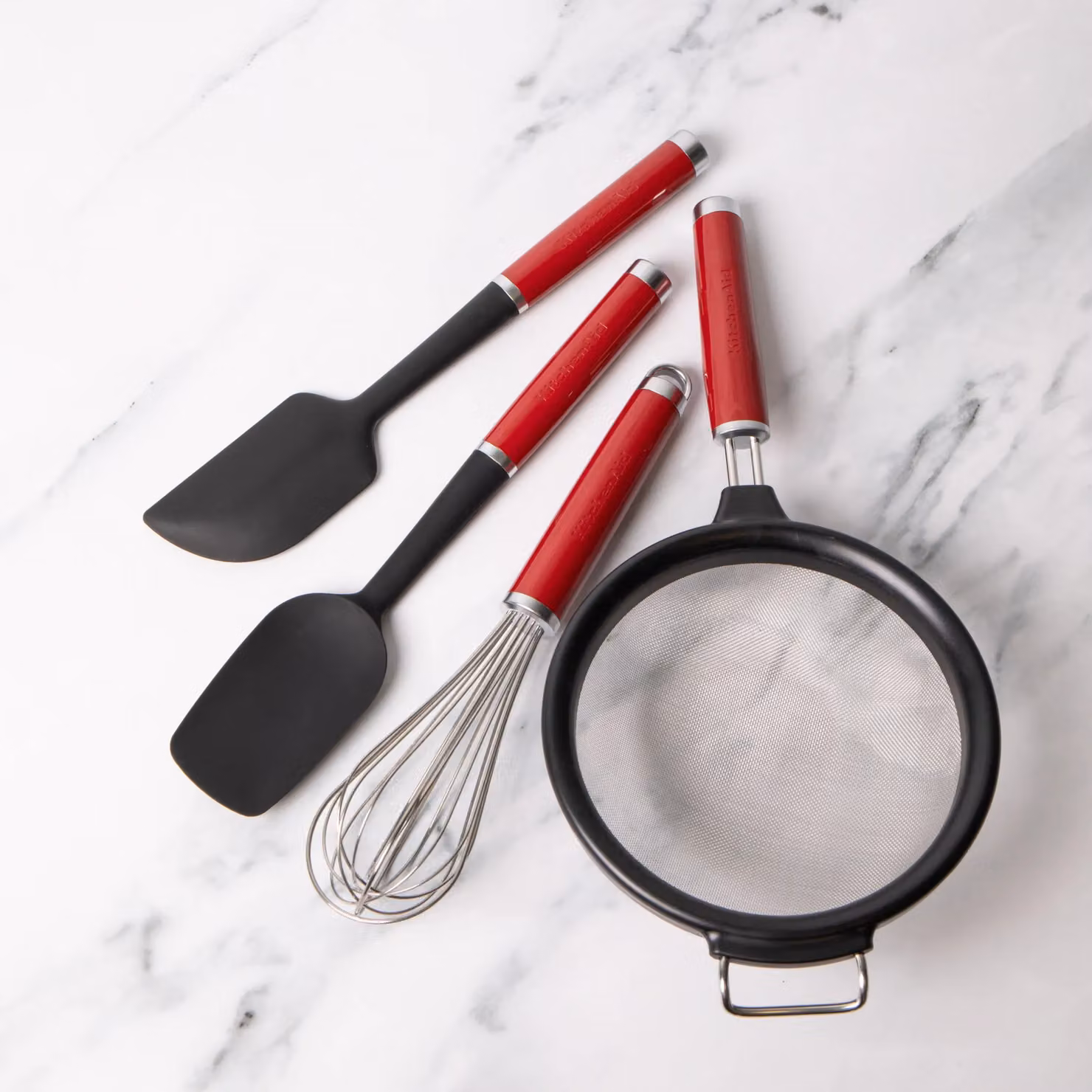 KitchenAid 4-Piece Red Silicone and Stainless Steel Cooking Utensil Set with Whisk, Strainer, Spoon Spatula and Scraper Spatula – 2