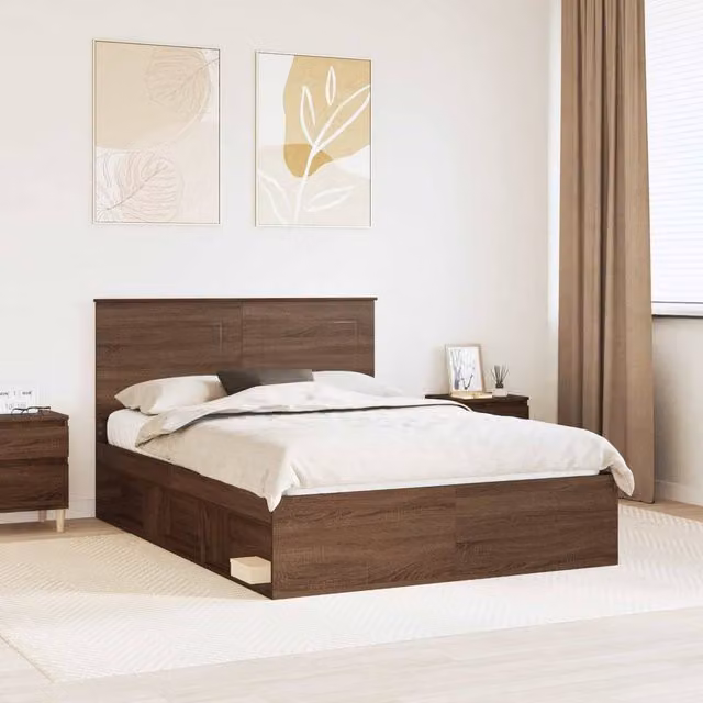 Berkfield Home Bed Frame with Headboard in Brown Oak and Solid Pine Wood, W: 140 cm, L: 200 cm – 1