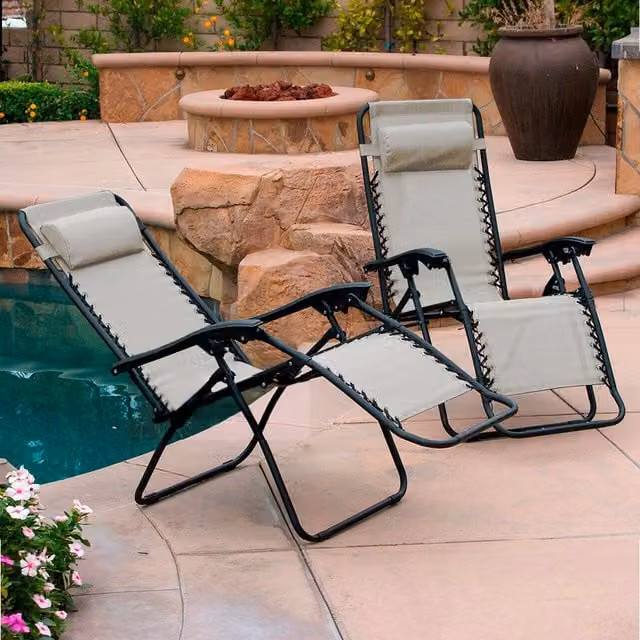 Neo Set of 2 Zero Gravity Recliner Garden Sun Lounger Chairs in Beige with Adjustable Headrest and Textilene Fabric